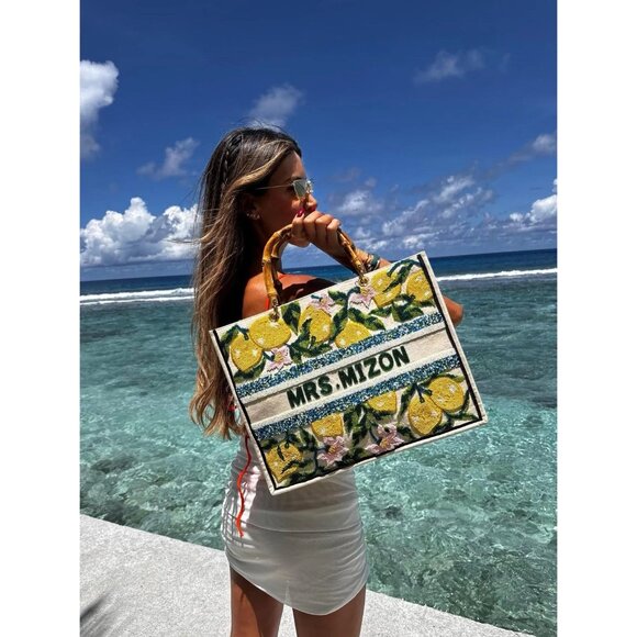 Lily & Bean Juliana Beaded Tote Lemon Bamboo Handle Personalized “Sylvie” Bag - Picture 7 of 7